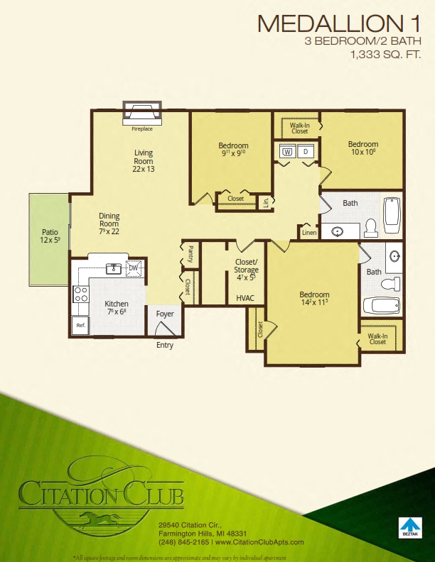 Floor plan for 3 beds, 2 baths, 1333 sqft